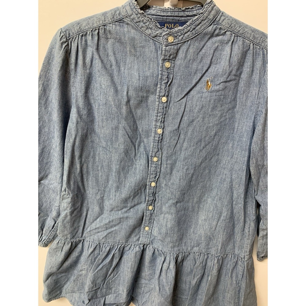 Ralph Lauren Polo Girls Chambray Denim Dress Size 12 Long Sleeve Ruffle Hem - Picture 2 of 12